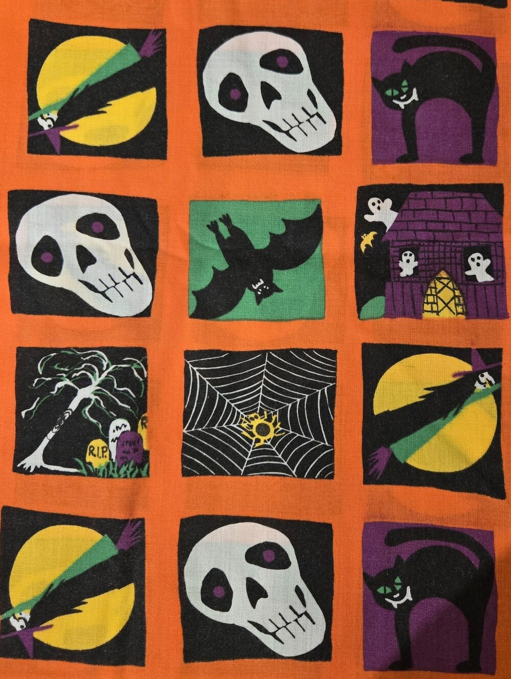 Vintage 90s Halloween Cotton Fabric Skull Witch Bats 178x43.5" / 14-ish yds